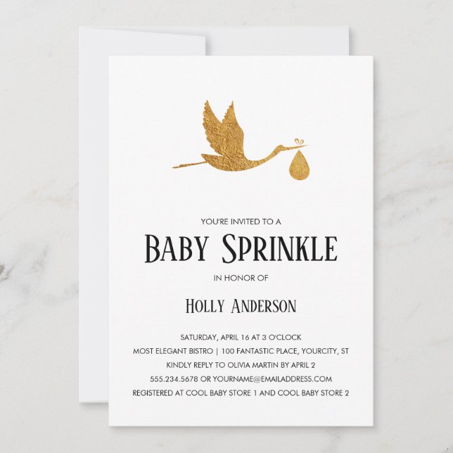 Invitación Bebé Sprinkle Faux Relieve metalizado dorado Stork (Anverso)