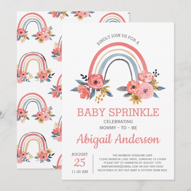 Invitación Bebé Sprinkle Floral Rubor Pink Rainbow Styling (Anverso / Reverso)