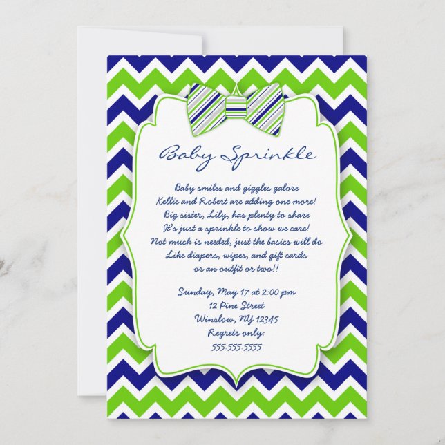 Invitación Bebé Sprinkle Navy la ducha de corbata Green Bow i (Anverso)