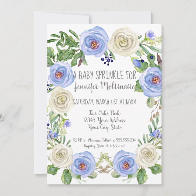 Invitación Bebé Sprinkle Shower Blue n White Rose Floral (Anverso)