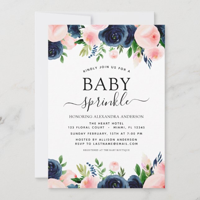 Invitación Bebé Sprinkle Shower Nave Rubor azul Floral rosa (Anverso)