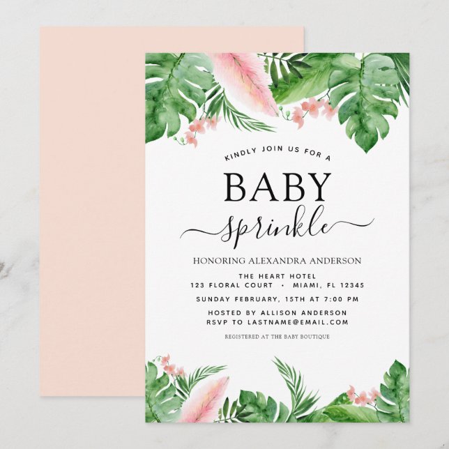 Invitación Bebé Sprinkle Shower Palm Tropical Floral (Anverso / Reverso)