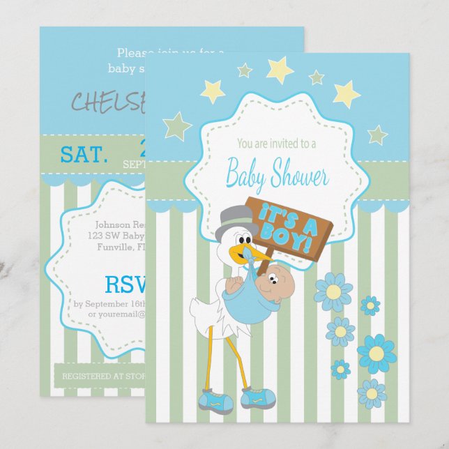 Invitación Bebé Stork Baby Boy Shower (Anverso / Reverso)
