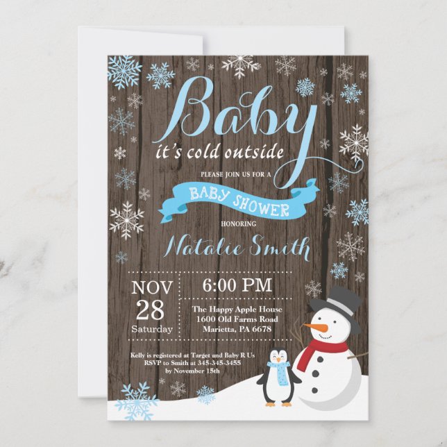 Invitación Bebé su invierno rústico Baby Shower del exterior (Anverso)