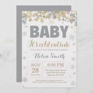 Invitación Bebé su oro exterior frío y Baby Shower gris