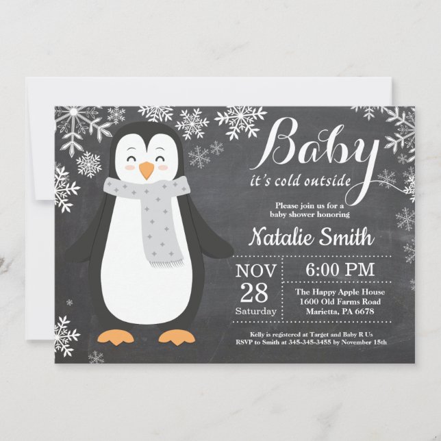 Invitación Bebé su pingüino exterior frío Baby Shower (Anverso)