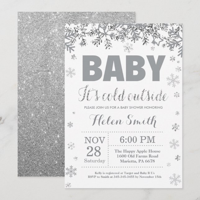 Invitación Bebé su plata exterior fría y Baby Shower gris (Anverso / Reverso)