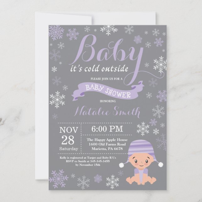 Invitación Bebé su púrpura exterior fría Baby Shower del (Anverso)