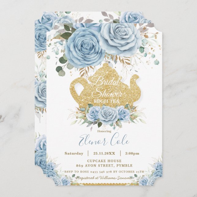 Invitación Bebé suave azul Floral Bridal Shower High Tea Fies (Anverso / Reverso)