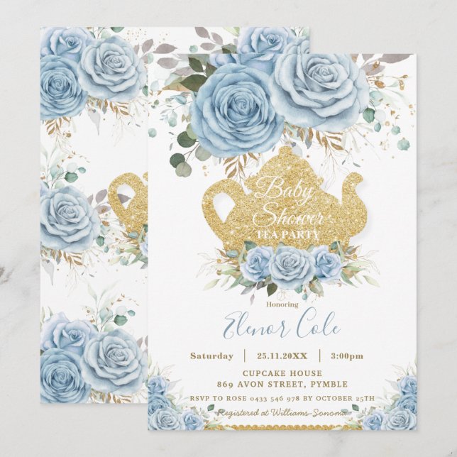 Invitación Bebé suave Floral azul Baby Shower Fiesta de té al (Anverso / Reverso)
