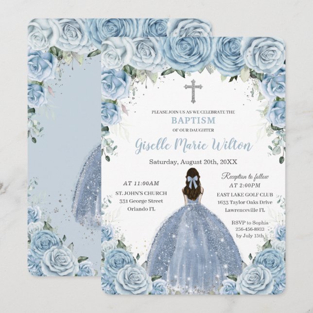 Invitación Bebé suave Rosas florales azules Chica Bautismo pl (Anverso / Reverso)