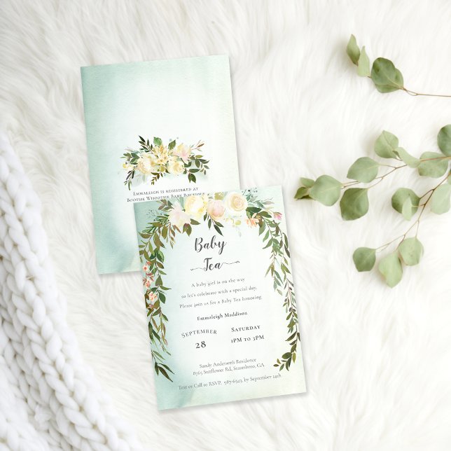 Invitación Bebé Té Ducha Verde Rosas Florales Blancas (Subido por el creador)