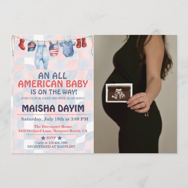 Invitación Bebé totalmente americano, ducha de bebé del 4 de  (Anverso)
