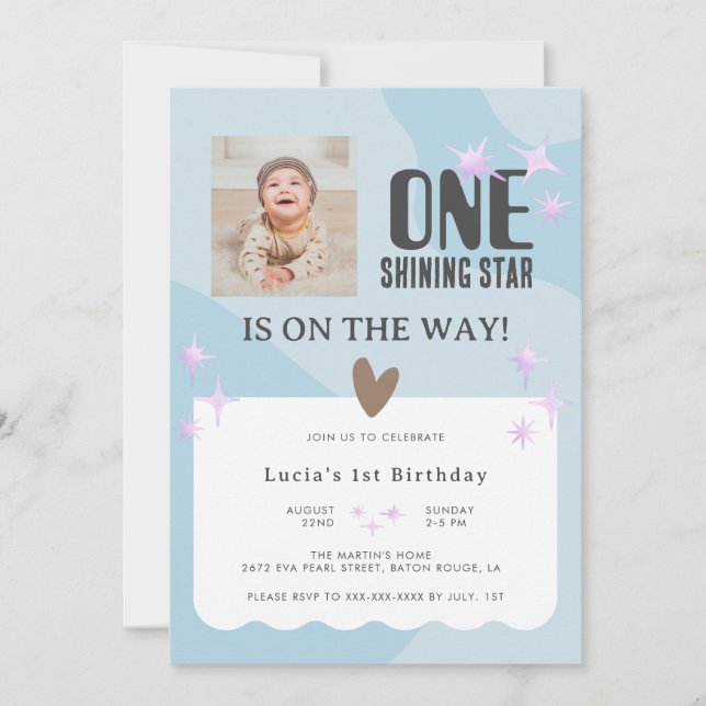 Invitación Bebé tranquilo Estrella Azul Foto Bebé Primer cump (Anverso)