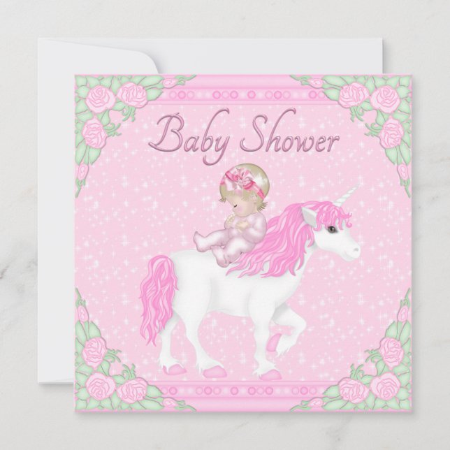 Invitación Bebé, unicornio y Rosas rosados Baby Shower (Anverso)