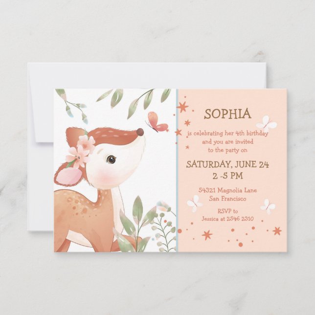 Invitación Bebé venado en el cumpleaños del árbol (Anverso)