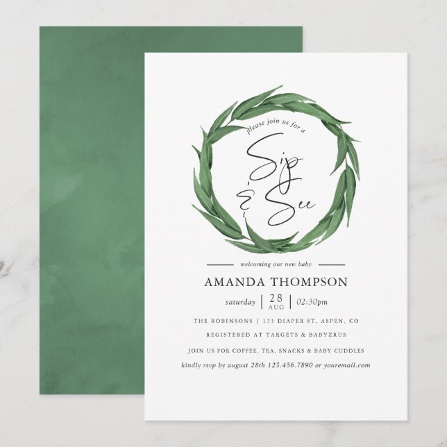 Invitación Bebé Verde Acuarela Bebe y Ve (Anverso / Reverso)