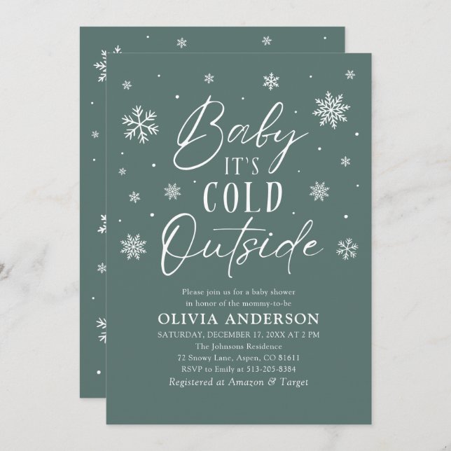 Invitación Bebé verde con copo de nieve hace frío fuera de Ba (Anverso / Reverso)