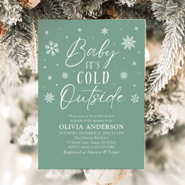 Invitación Bebé verde con copo de nieve hace frío fuera de Ba (Green Snowflake Baby It's Cold Outside Baby Shower Invitation)