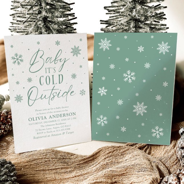 Invitación Bebé verde con copo de nieve hace frío fuera de Ba (Green Snowflake Baby It's Cold Outside Baby Shower Invitation)