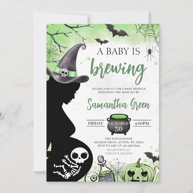 Invitación Bebé verde prepara Baby Shower de Halloween (Anverso)