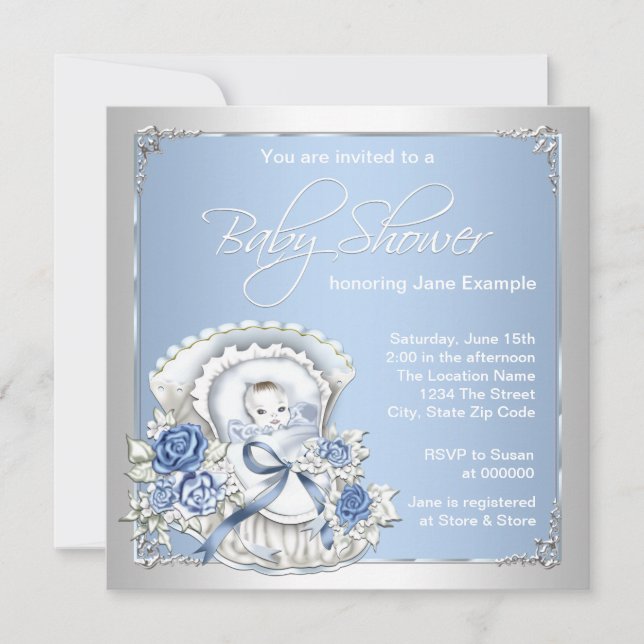 Invitación Bebé Vintage Silver y Blue (Anverso)