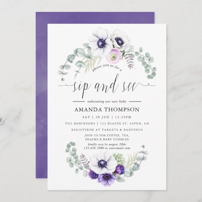 Invitación Bebé violeta y húmedo y floral (Anverso / Reverso)