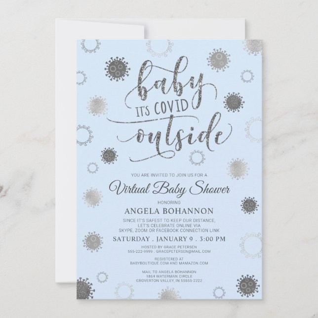 Invitación BEBÉ virtual Baby Shower SU COVIDO FUERA DEL Azul (Anverso)