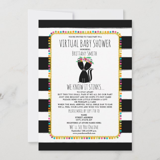 Invitación Bebé virtual, Chica del zorrillo de ducha a distan (Anverso)