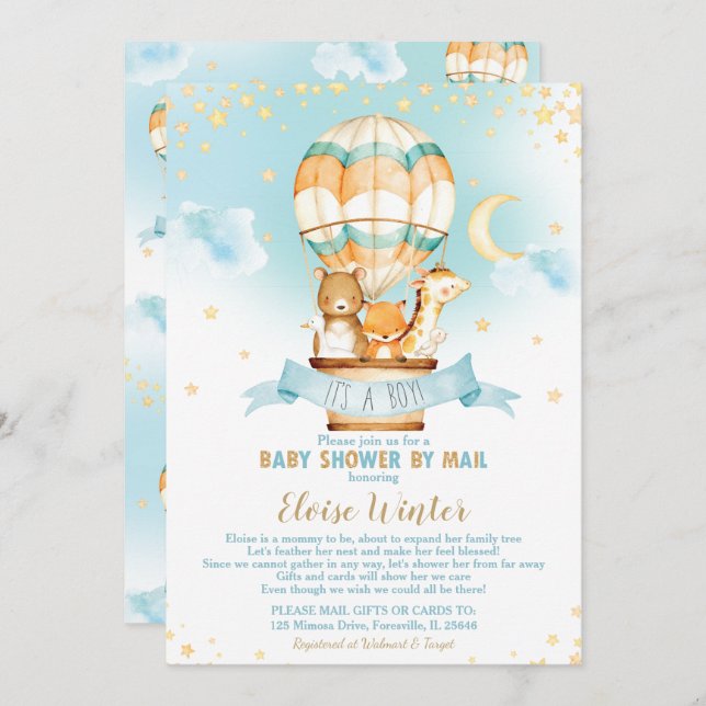 Invitación Bebé virtual con globo aerostático, ducha por corr (Anverso / Reverso)