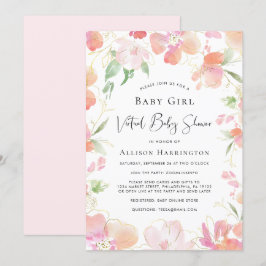 Invitación Bebé virtual, ducha, acuarela rosa con flores