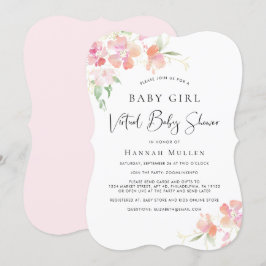 Invitación Bebé virtual, ducha, acuarela rosa con flores