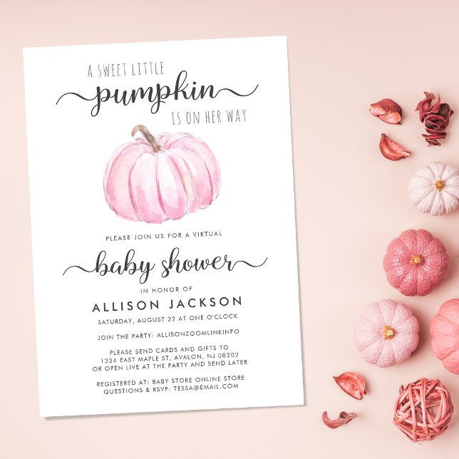 Invitación Bebé virtual, ducha, calabaza rosa, acuarela (Celebrate the upcoming arrival of your sweet autumn baby with a pumpkin-themed virtual baby shower)