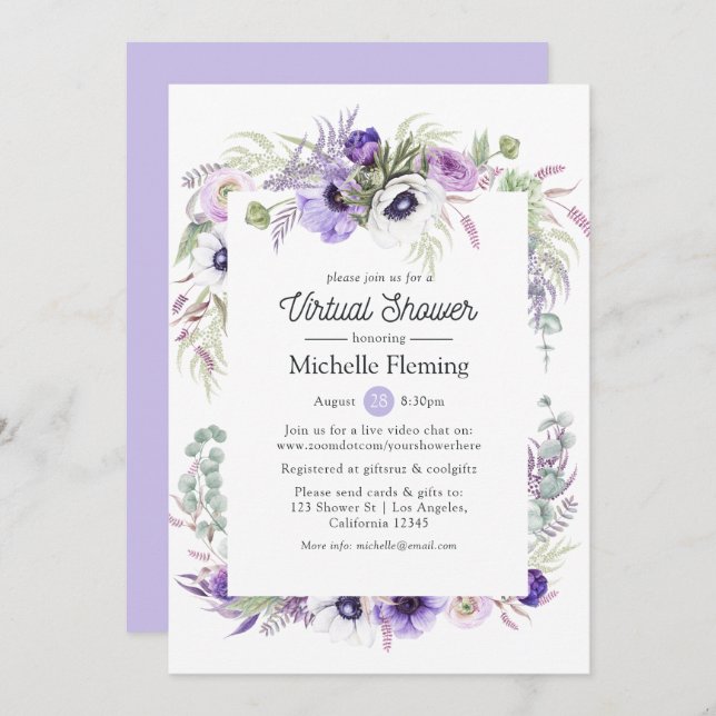Invitación Bebé virtual violeta y agitado con flores o ducha  (Anverso / Reverso)