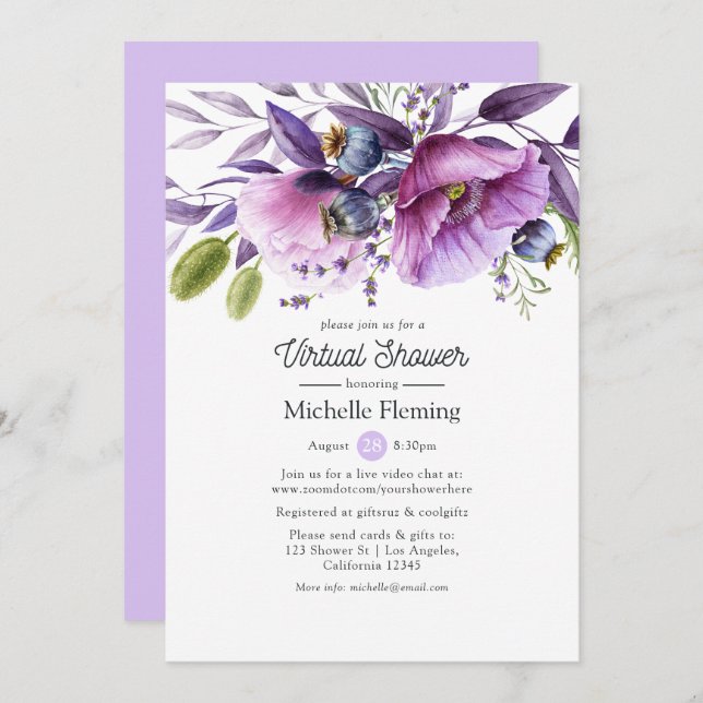 Invitación Bebé virtual violeta y agitado con flores o ducha  (Anverso / Reverso)
