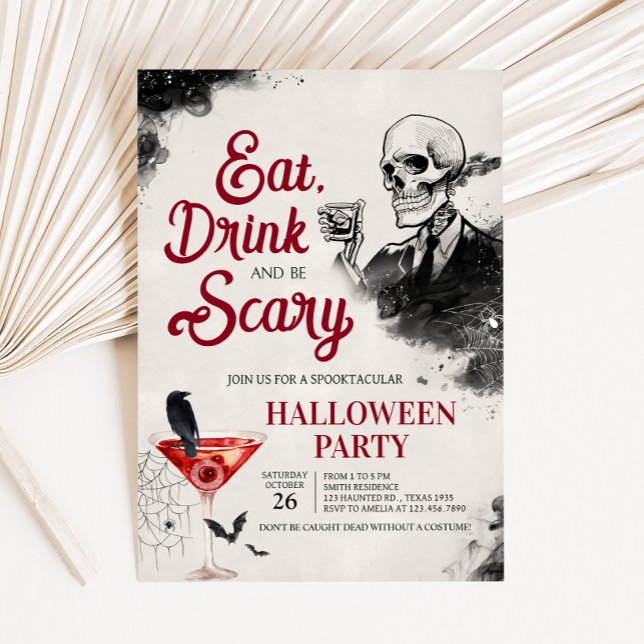 Invitación Bebe y asusta fiesta de Halloween (Eat Drink and Scary Vintage Gothic Skull Halloween Party Invitation)