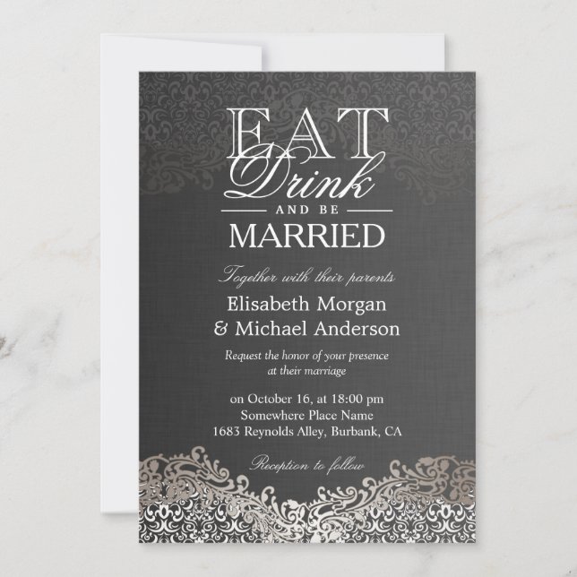 Invitación Bebe y cásese elegante damasco plateado casado (Anverso)