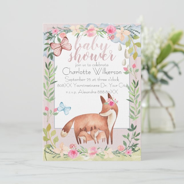 Invitación Bebé y mamá zorros acuarela Jardín floral (Anverso de pie)
