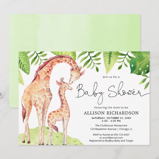 Invitación Bebé y mami jirafa safari verde ducha bebé (Anverso / Reverso)