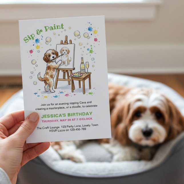 Invitación Bebe y Pinta a tu Mascota Fiesta de Cumpleaños de  (Sip and Paint party - whether you paint pet portraits or doodles, pair with a glass of bubbly!)
