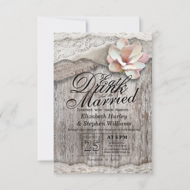 Invitación Bebe y sé casada Boda Wood Burlap Lace (Anverso)