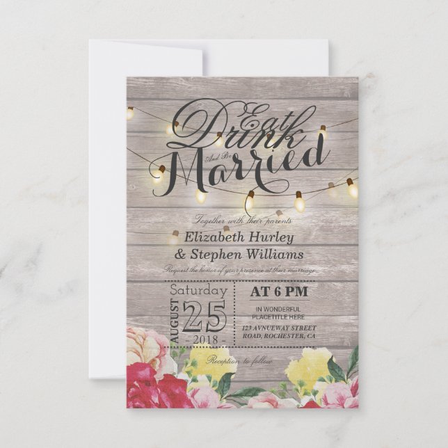 Invitación Bebe y sé casada cuerda ligero de madera rústica (Anverso)