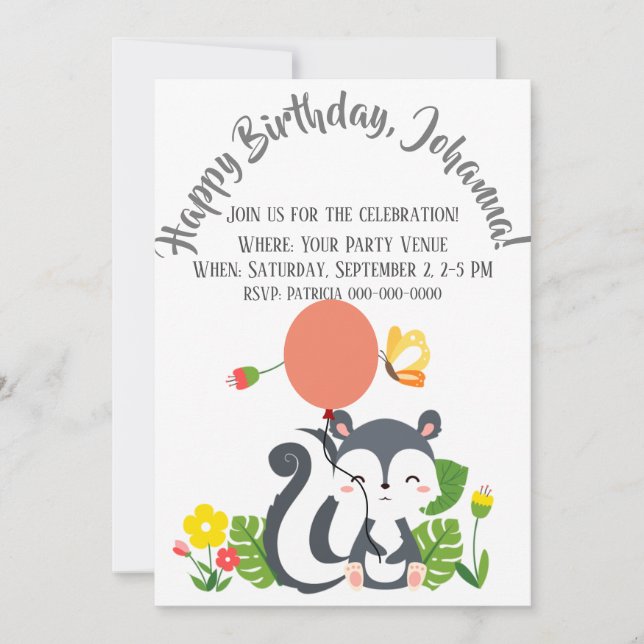 Invitación Bebé zorrillo, mariposa y flores cumpleaños (Anverso)