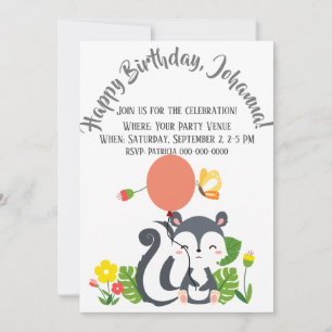 Invitación Bebé zorrillo, mariposa y flores cumpleaños