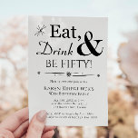Invitación Beber Bebe Ser 50 retro blanco negro 50 cumpleaños<br><div class="desc">Va a ser una fiesta de cumpleaños número 50,  así que ponte el escenario con esta divertida invitación retro de Comer blanco y negro,  Beber y ¡Tener cincuenta! Se dispone de suministros de fiesta coincidentes.</div>
