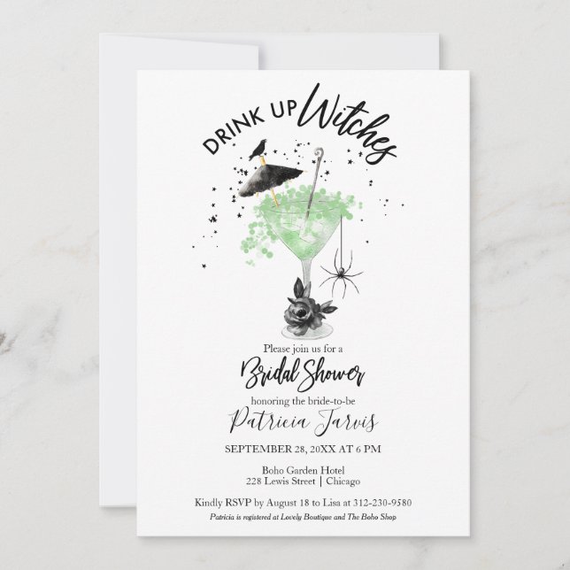 Invitación Beber brujas Halloween Bridal Shower (Anverso)