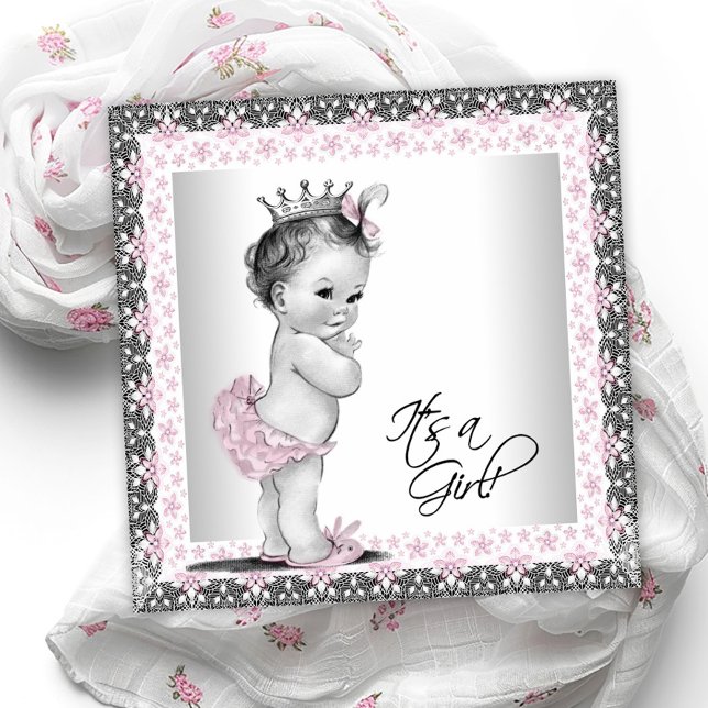 Invitación Beber con vinagre rosa y gris (Sweet vintage baby girl baby shower invitation. )