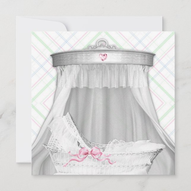 Invitación Beber de Bassinet blanco y rosa (Anverso)