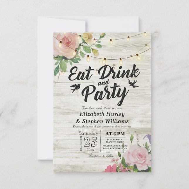 Invitación Beber Fiesta Rústico Boda de cuerda floral ligera (Anverso)