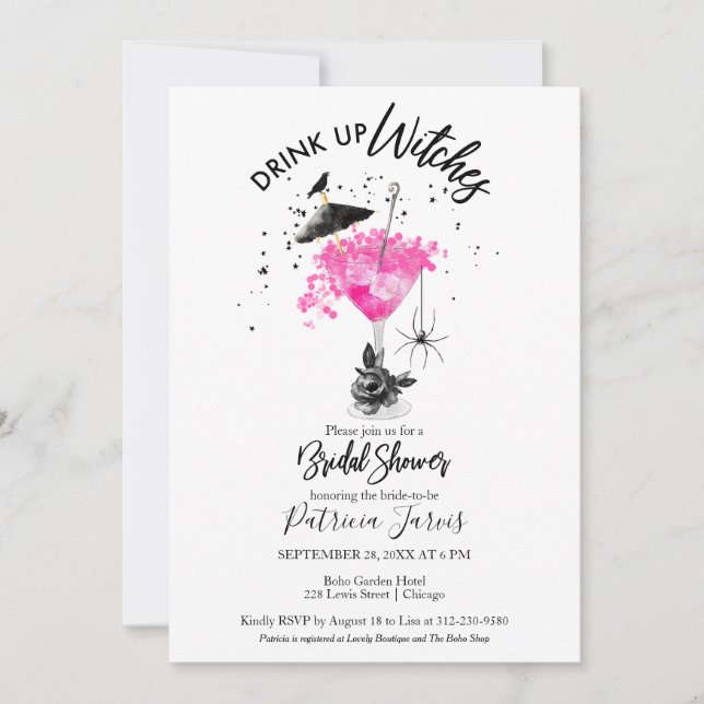 Invitación Beber las brujas Hot Pink Halloween Bridal Shower (Anverso)